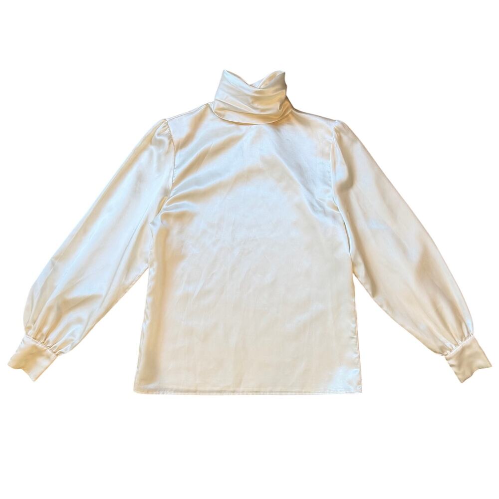 Vintage Christian Dior Ivory Silky Turtleneck Button Blouse Women’s Size 6
